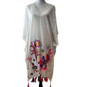 Bobbi Rocco LA Womens NWT Off White Embroidered Tassels Boho Kaftan Dress OS